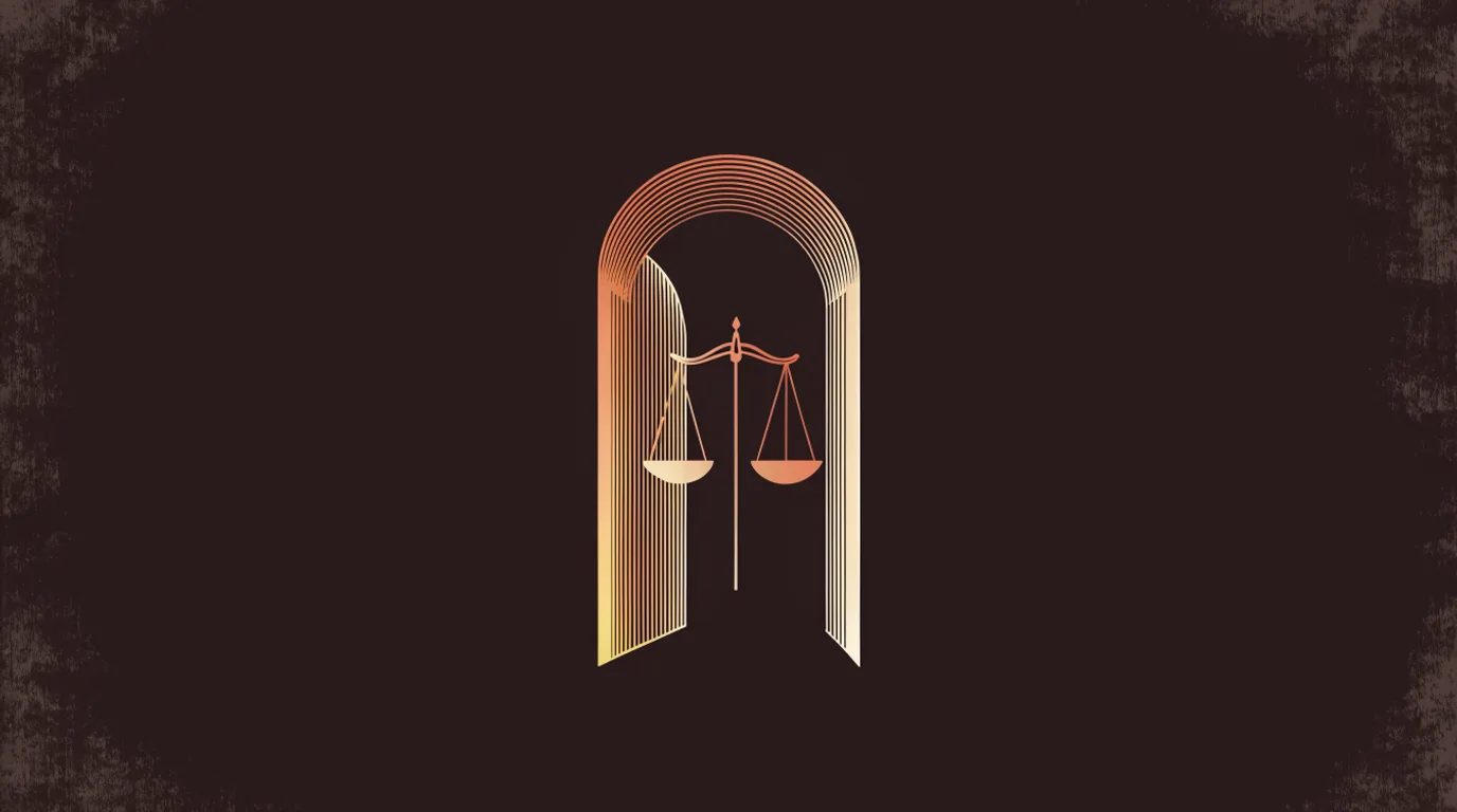 Ilustración: puerta abierta con una balanza, símbolo del acceso a orientación legal