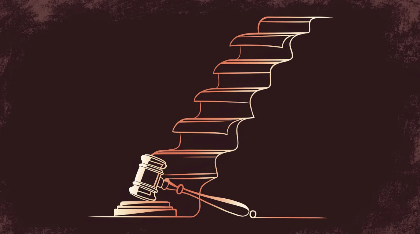 Ilustración: mazo y escalera de documentos, símbolo del proceso para demandar pensión
