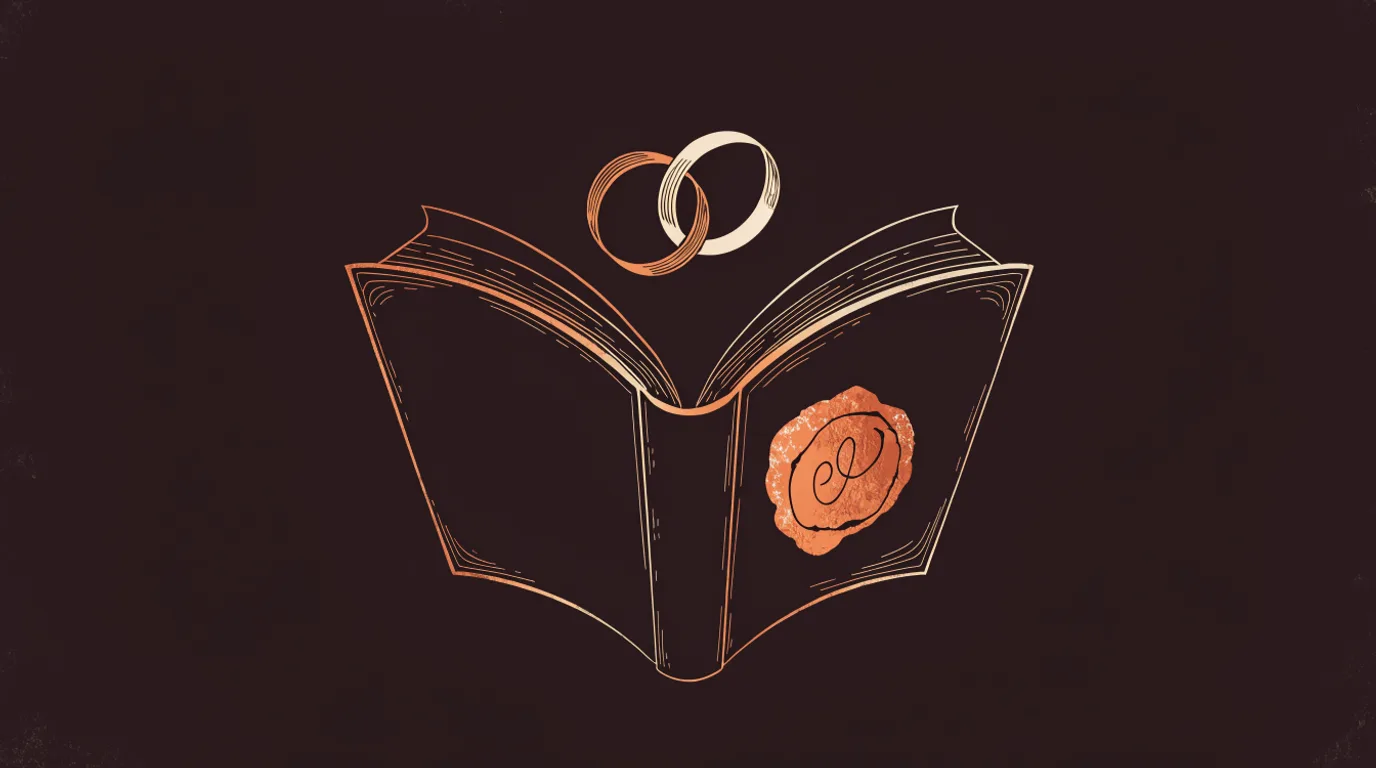 Ilustración: libro de registro con sello y anillos, símbolo del divorcio administrativo