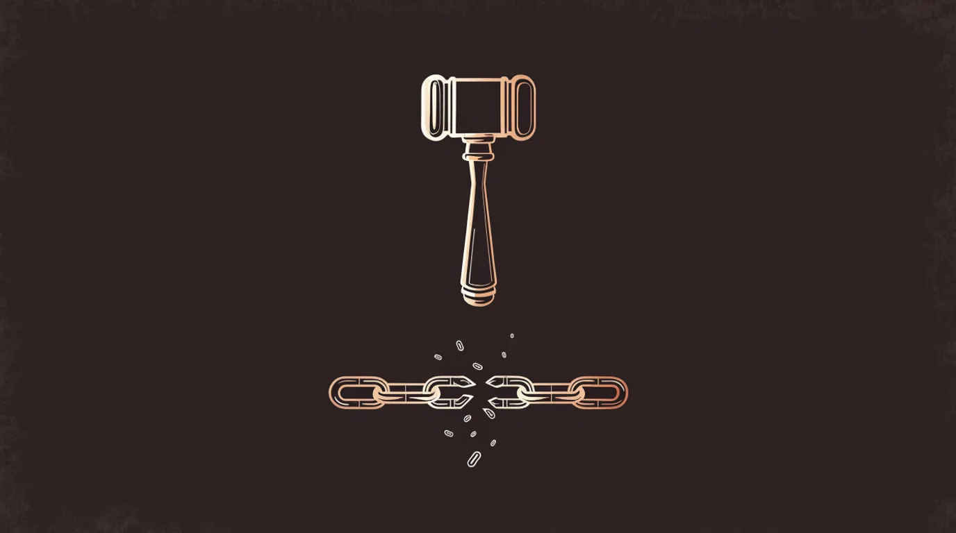 Ilustración: mazo de juez y cadena rota, símbolo de la pérdida de la patria potestad